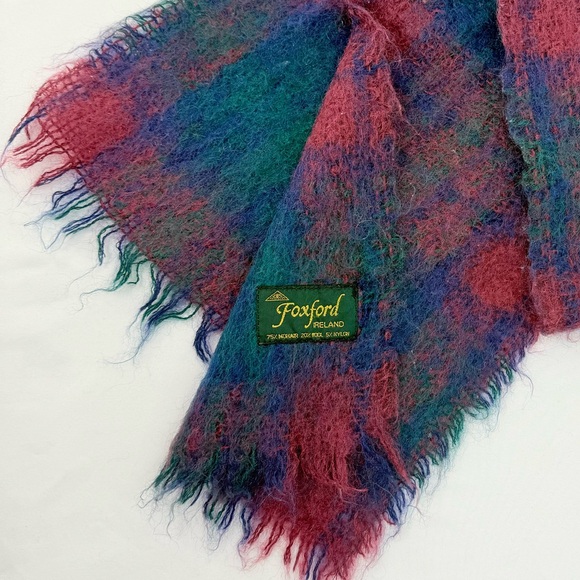 Foxford Irish Colorful Mohair Wool Woven Blue Red Teal Neck Scarf - Picture 7 of 8